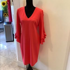 Calvin Klein orangeCoral dress with ruffle sleeves